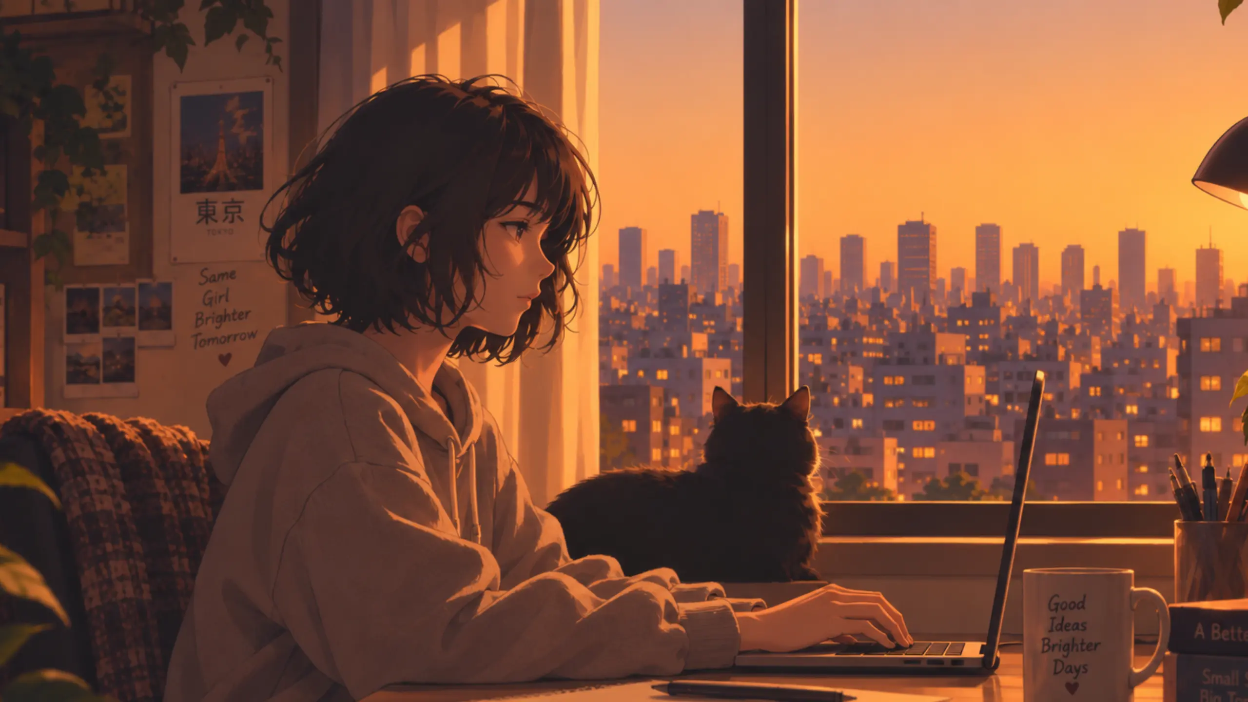 Jenni studying at her desk in a cozy room with warm lamp light