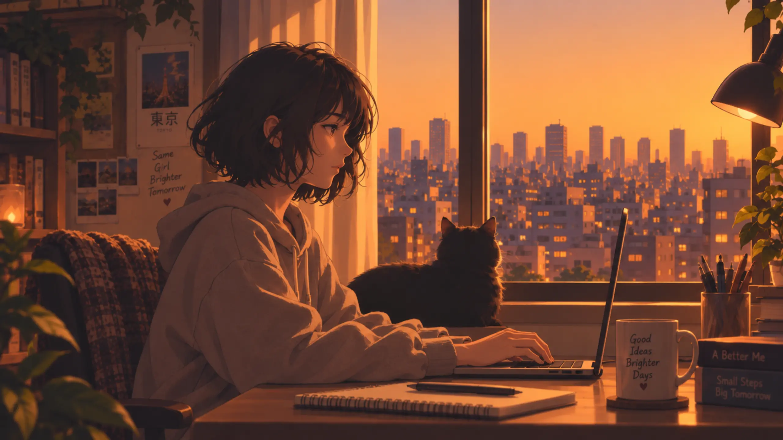 Jenni studying at her desk in a cozy room with warm lamp light